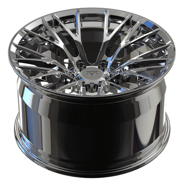 Custom forged chrome wheel design for C2 Corvette, featuring intricate spokes and sleek finish, compatible with 18" and aftermarket options.